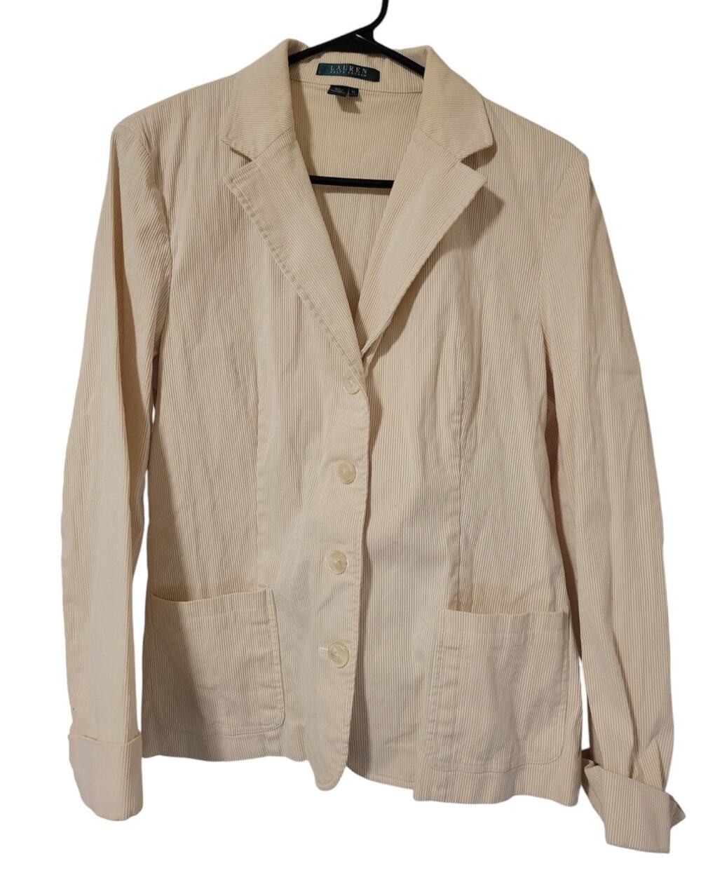 Lauren Ralph Lauren Tan/White Pinstripe Cotton Blazer Jacket Women's Size XL